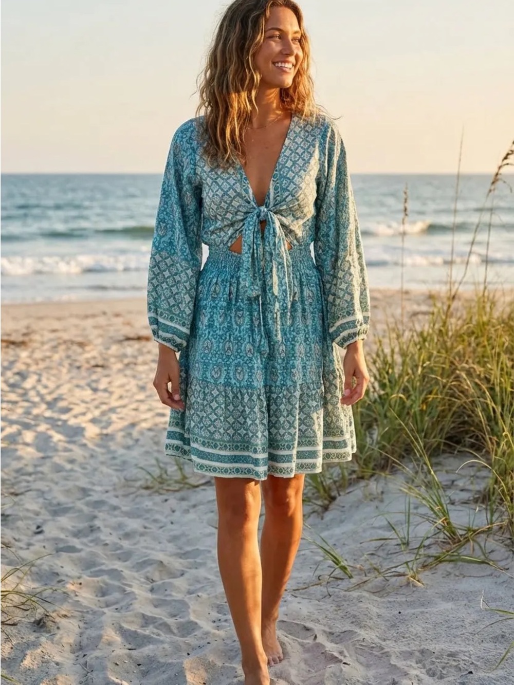 Tie-Front Teal Printed Beach Coverup Dress